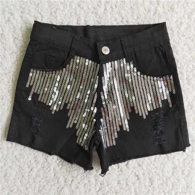 D8-4 Girls Jeans Black Denim Sequin Shorts Children Clothing