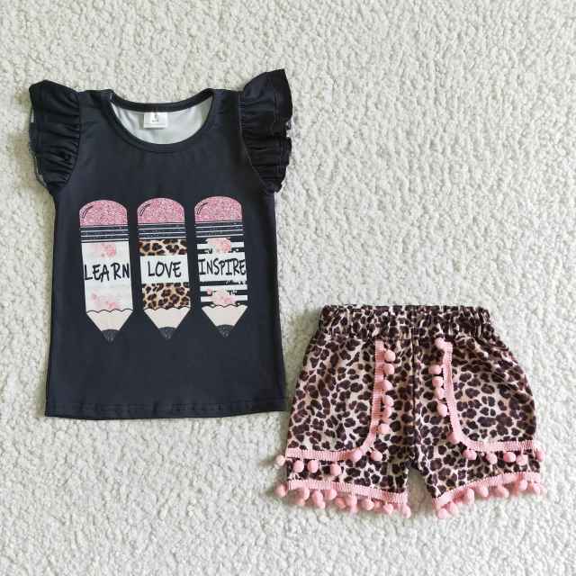 GSSO0117 Girls Pencil Black Fly Sleeve Leopard Shorts Suit Kids Clothing