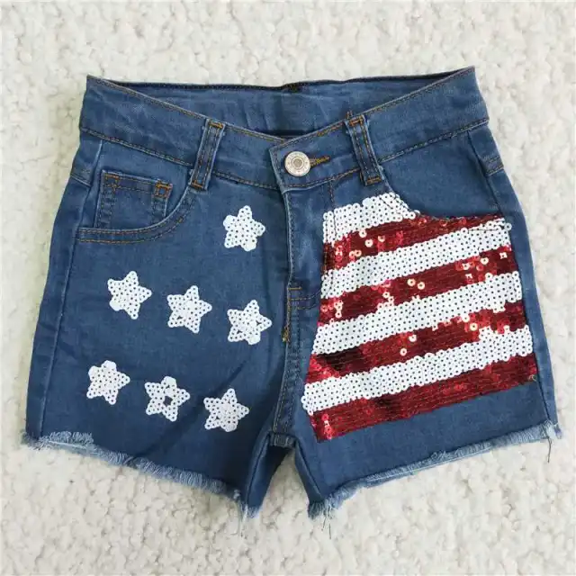 D11-15 Girls Jeans Sequin Star Red And White Striped Frayed Denim Shorts