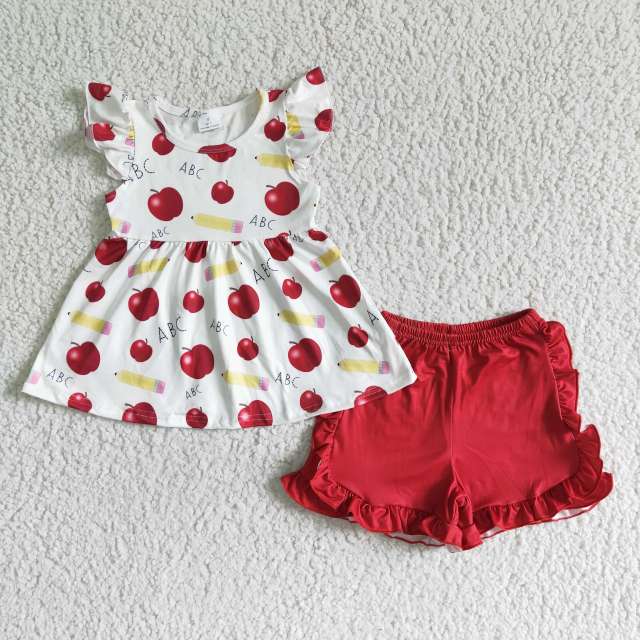 GSSO0121 Summer Girls' Clothing Sets ABC Apple Pencil Fly Sleeve Red Shorts Outfit