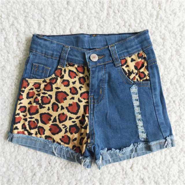 D5-14 Kids Clothes Girls Leopard Button Blue Denim Shorts