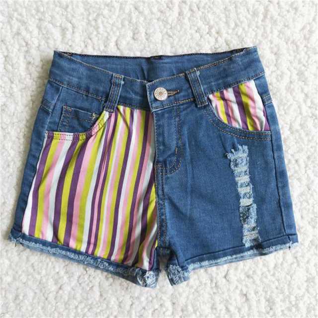 D6-4 Kids Clothing Striped Button Blue Denim Shorts
