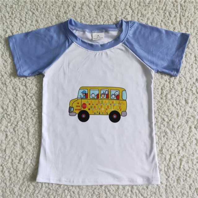A11-9-2 Car Blue And White Short-sleeved Top Kids Clothing