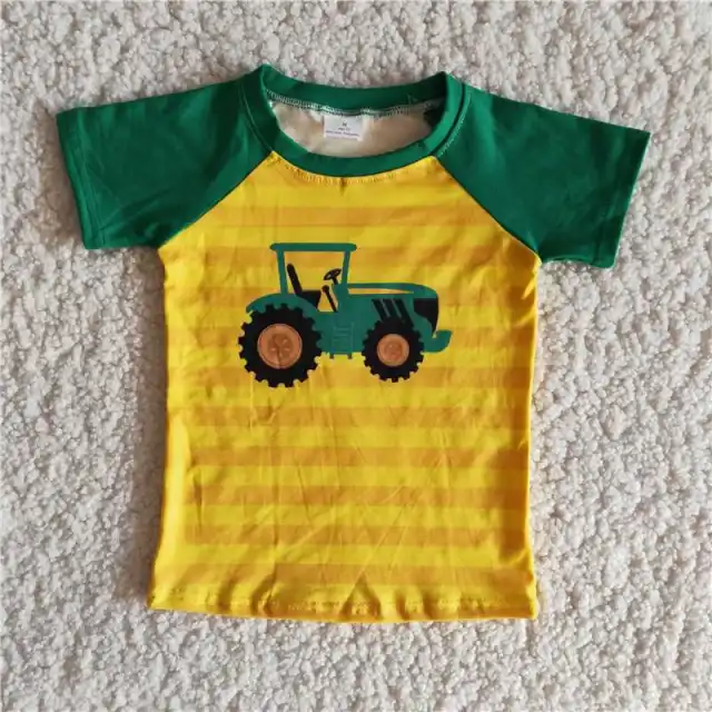 B11-3 Children Clothing Green Truck Boys Striped Short Sleeves