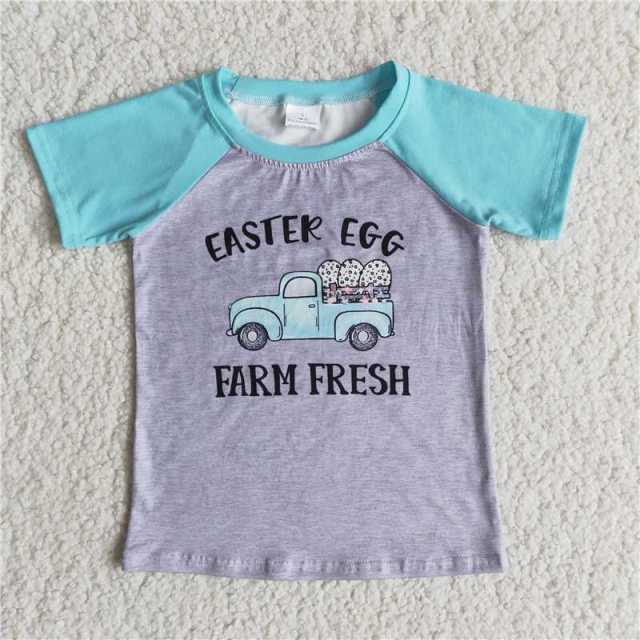 E7-15 Children Clothing Easter Egg Truck Blue Short Sleeve