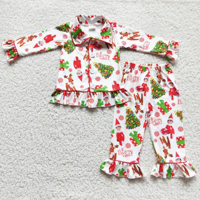 C8-38  Boutique Girls' Clothing Sets Christmas Little Elf Pajama Set Set