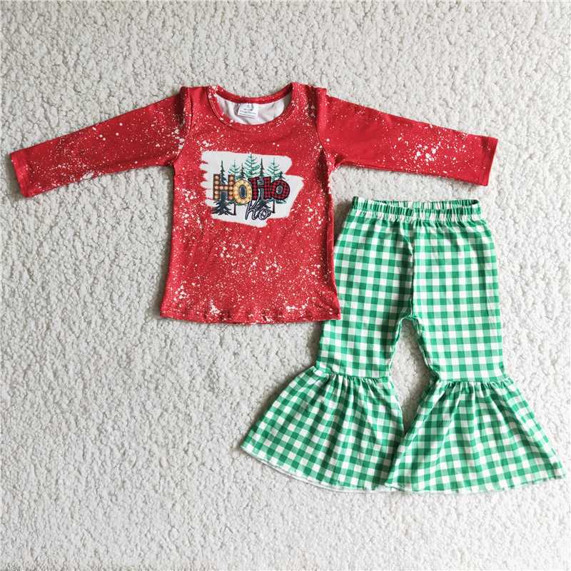 C10-9 HOHO Red Long Sleeve Top Green Plaid Flared Pants Suit