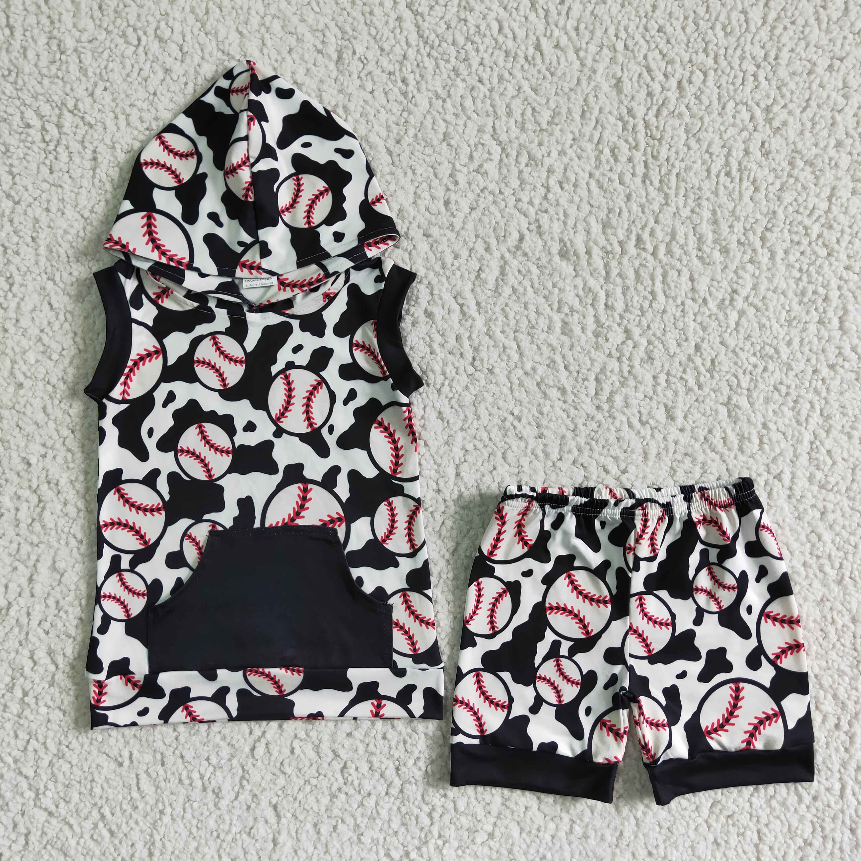 BSSO0065 Boys' Cow Print Baseball Pocket Button Hooded Sleeveless Shorts Set