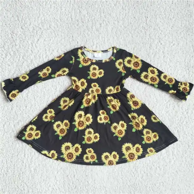 G3-8-7*.; Girls' Dresses Sunflower Flower Black Long Sleeve Dress