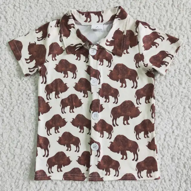 BT0004 Kids Clothing Boys Short Sleeve Cow Button Lapel Top