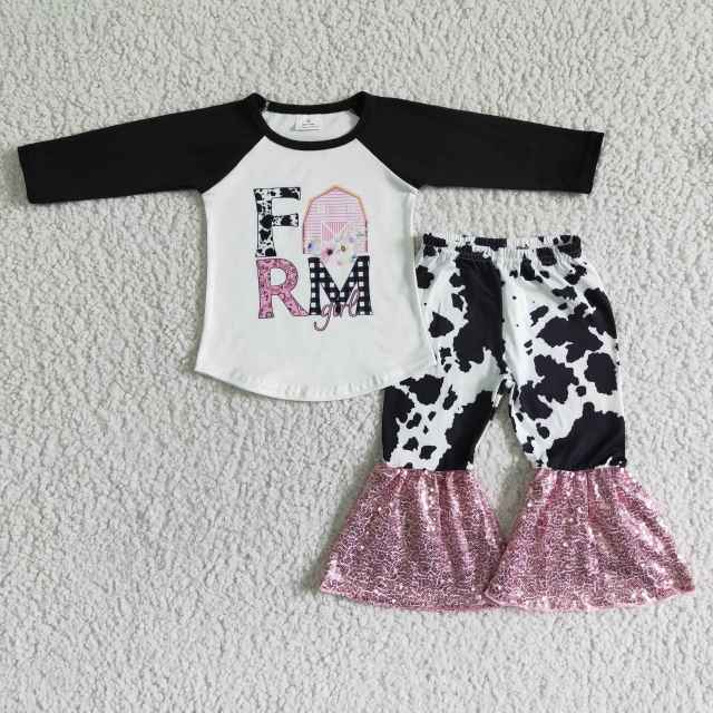 A6-15 Kids Clothing Alphabet Black Long Sleeve Top Cow Sequin Flare Pants