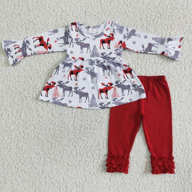 A24-3 Animal Elk Long Sleeve Top Red Lace Trousers Set