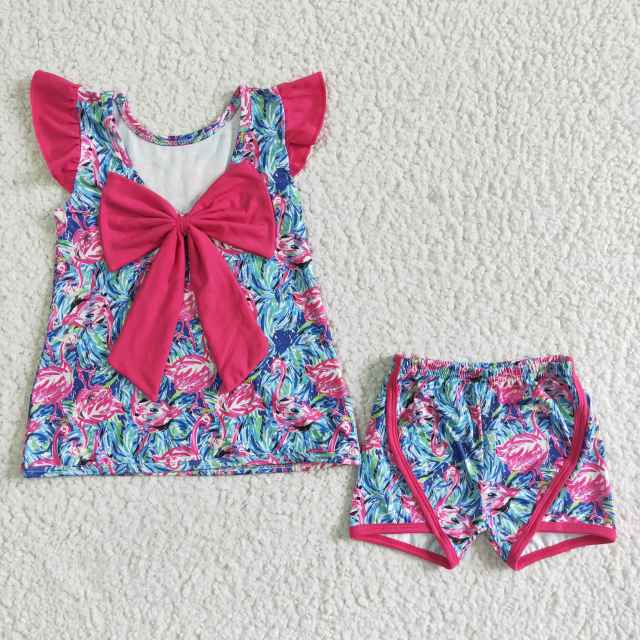 GSSO0100 Girls' Rose Red Bow Flower Flying Sleeve Shorts Suit