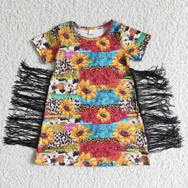 GSD0057 Summer Leopard Print Cow Print Sunflower Sunflower Fringe Short Sleeve Skirt