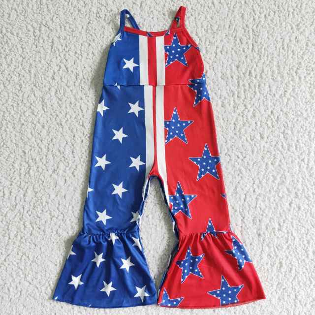 SR0058 Girls' Blue And Red Stitching National Day Star Suspender Jumpsuit Childrens Clothing