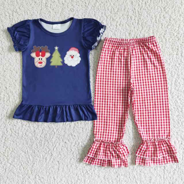D1-2 Christmas Tree Blue Short Sleeve Top Red Plaid Trousers Suit Kids Clothing