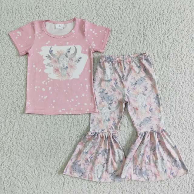 GSPO0072 Girls' Pink Tau Flower Short Sleeve Trousers Suit Two Pieces Sets