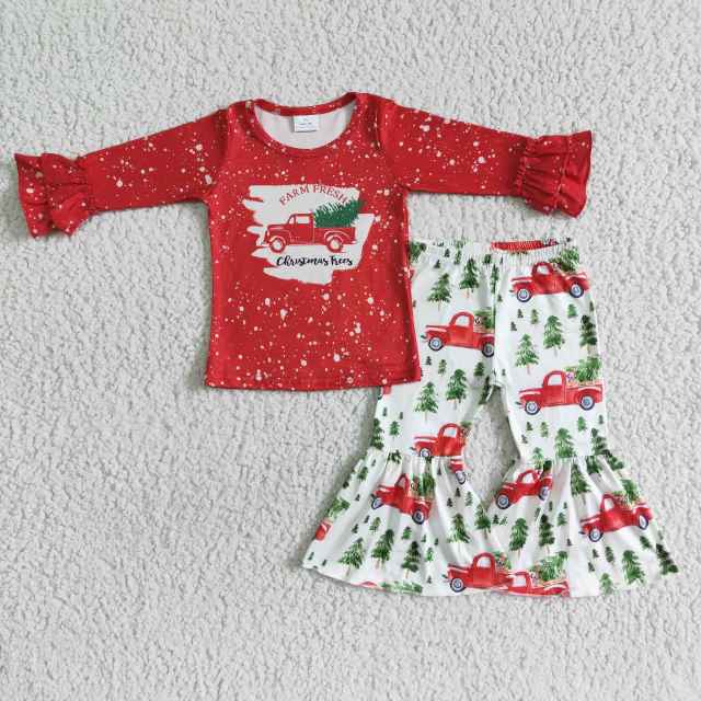 A17-29 Kids Clothing Christmas Red Pickup Truck Long Sleeve Flared Pants Set