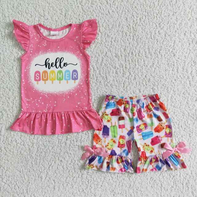 D10-11 Boutique Kids Clothing Girls Summer Color Popsicle Small Flying Sleeve Bow Shorts Set