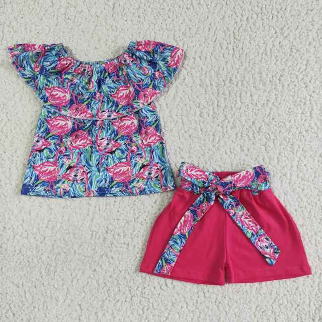 GSSO0101 Girls Pink Crane One-Shoulder Top Bow Knot Rose Red Shorts Suit