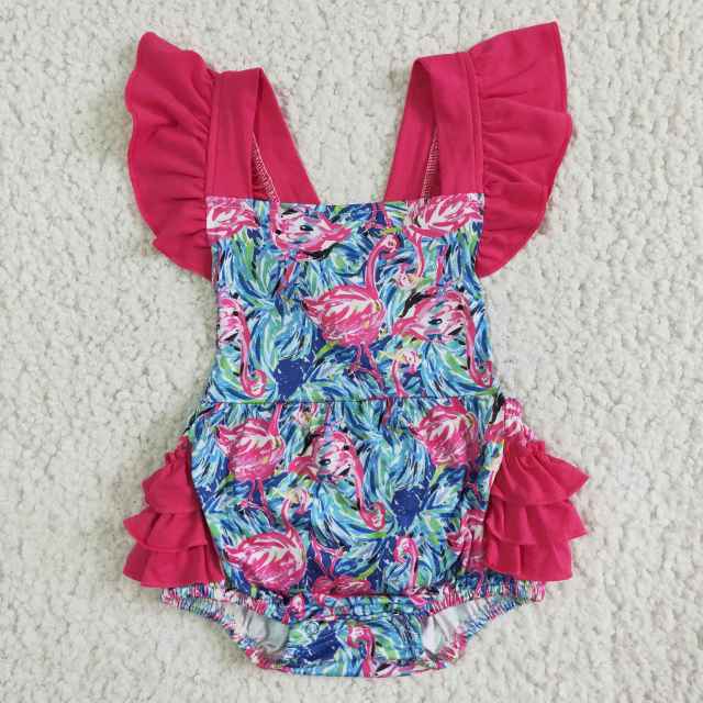 SR0038 Girl Rose Red Flying Sleeve Flower Jumpsuit Toddler Clothes