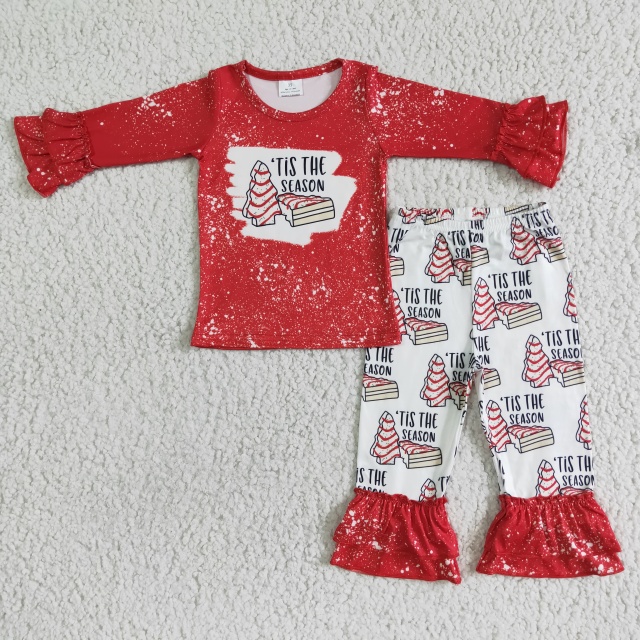 B13-30 Kids Clothing Red Cookie Tree Letters Flared Sleeve Top Christmas Pants Set