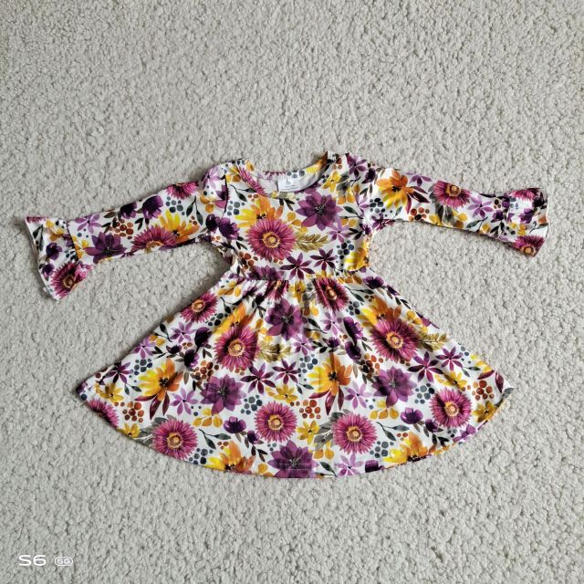 Toddler Girl Clothes Rose Purple Yellow Flower Long Sleeve Dress