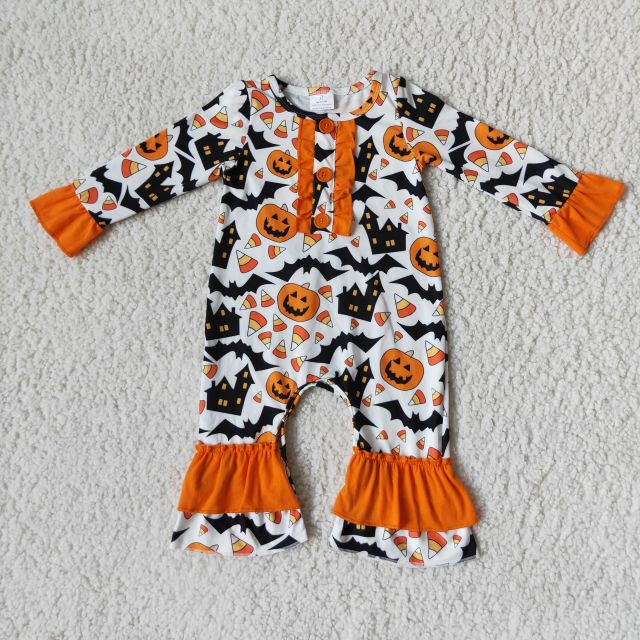 A16-21 Childrens Clothing Halloween Pumpkin Button Flare Sleeve Jumpsuit