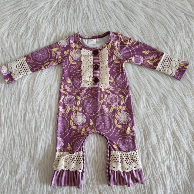 A9-17 Childrens Clothing Small Leaf Purple Lace Button Long Sleeve Jumpsuit