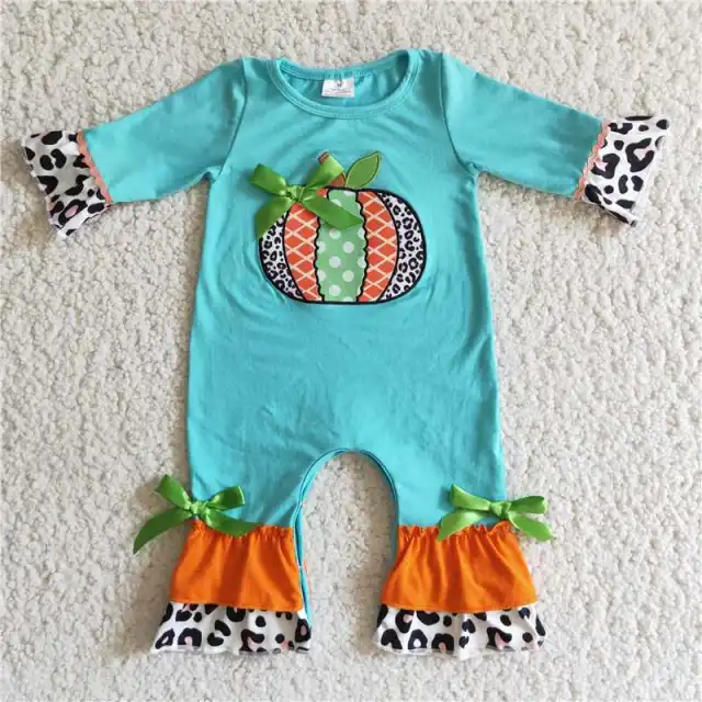 B2-19 Embroidered Pumpkin Blue Long Sleeve Jumpsuit