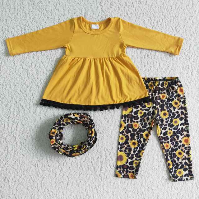 A20-30 Two-Piece Yellow Long Sleeve Leopard Print Sunflower Trousers