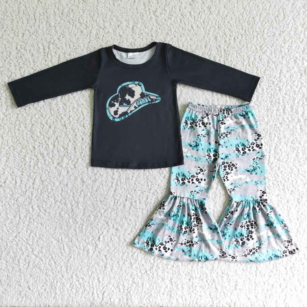 C9-34 Hat Black Long Sleeve Top Flared Pants Set