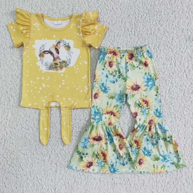 GSPO0089 Clothes For Kids Girls Cow Sunflower Yellow Short Sleeve Print Pants Set