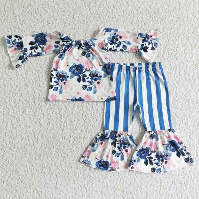 GLP0004 Girls Flower Long Sleeve Blue and White Striped Flared Pants Suit Childrens Clothing