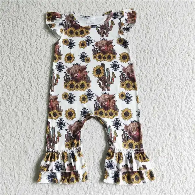 SR0048 Girls Alpine Cow Cactus Sunflower Fly Sleeve Romper