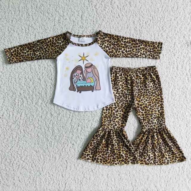 A18-11 Nativity Leopard Print Long Sleeve Flared Pants Set