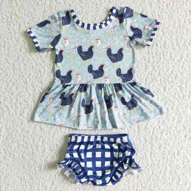 GBO0049 Chicken Print Short Sleeve Blue Plaid Briefs Suit