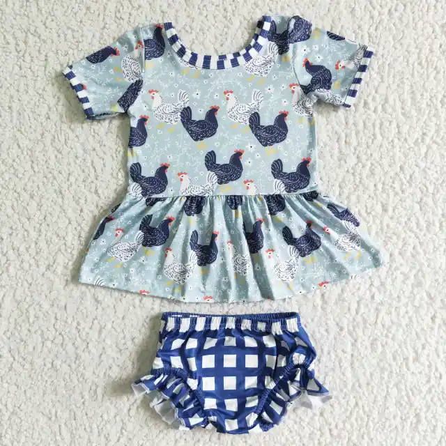 GBO0049 Chicken Print Short Sleeve Blue Plaid Briefs Suit