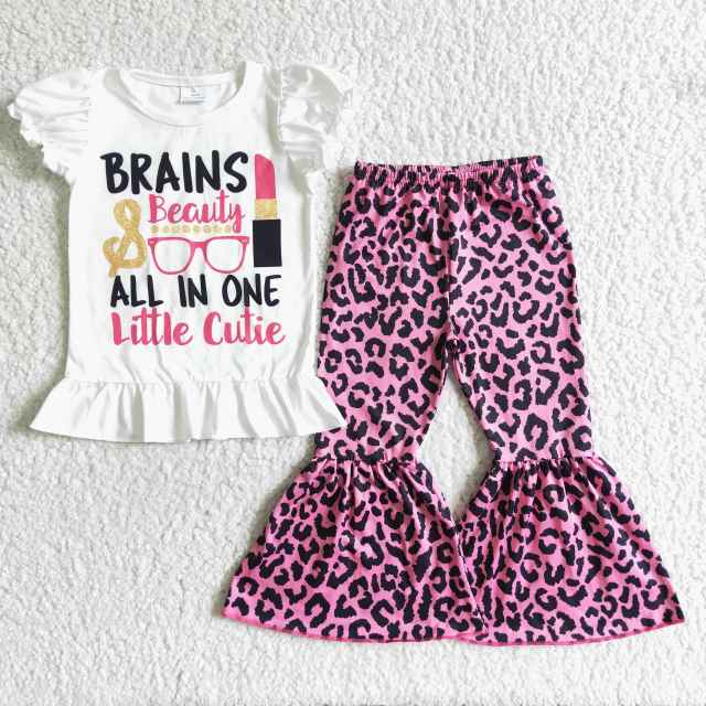 GSPO0079  toddler clothes short sleeve top with bell bottom pants kids girl set
