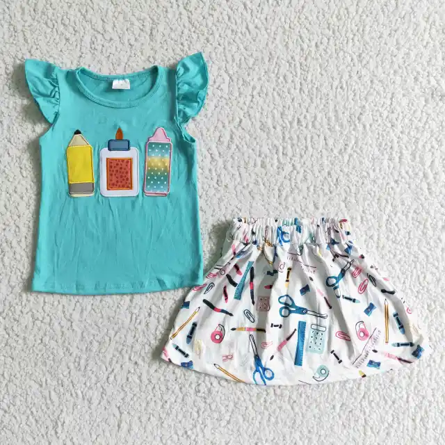 GSD0080  kids back to school clothes embroidery print girl set