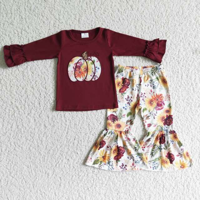 GLP0016 kids fall clothes embroidery pumpkin top with pants Halloween outfits