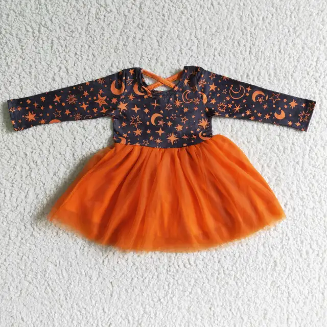 GLD0017   kids Halloween clothes long sleeve yarn girl dress