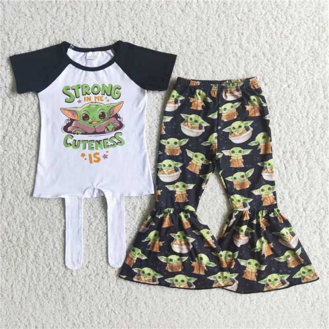 E1-2 Baby girl cartoon lace up trousers suit