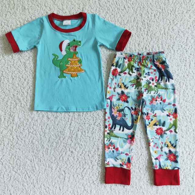BSPO0008 kids Christmas clothes embroidery dinosaur pattern top with pants boys outfits