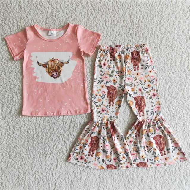 GSPO0030 Pink Cow Short Sleeve Floral Flared Pants Suit