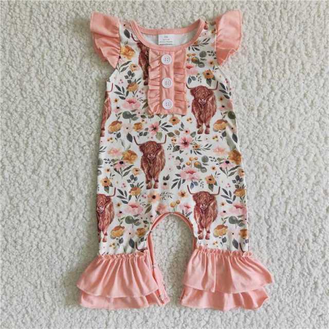 SR0010 Pink Flying Sleeve Ruffled Button Cow Floral Romper