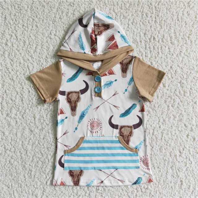 BT0003 Boys Short Sleeve Hooded Cow Button Feather Top