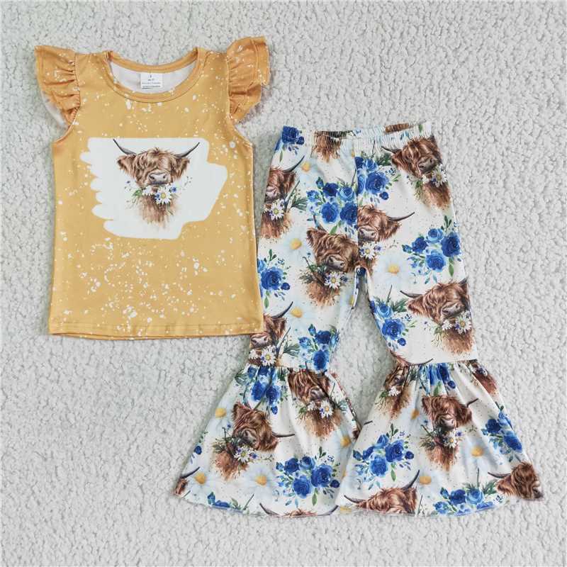 GSPO0086 yellow mountain cattle flower  fly short sleeve pants outfits
