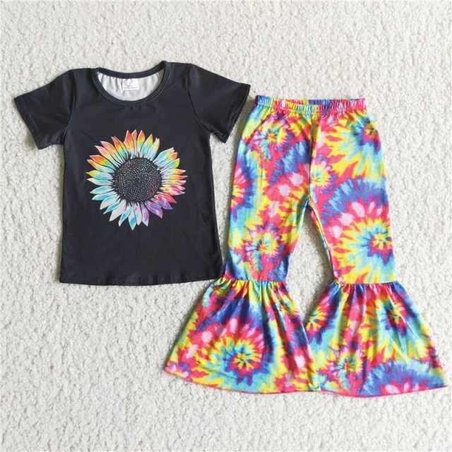A6-24 black colorful sunflower short sleeve pant outfits