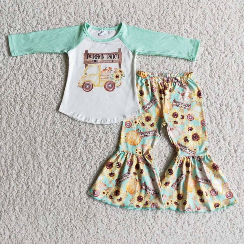 6 C7-37 pumpkin patch top sunflower pumpkin flared pants set